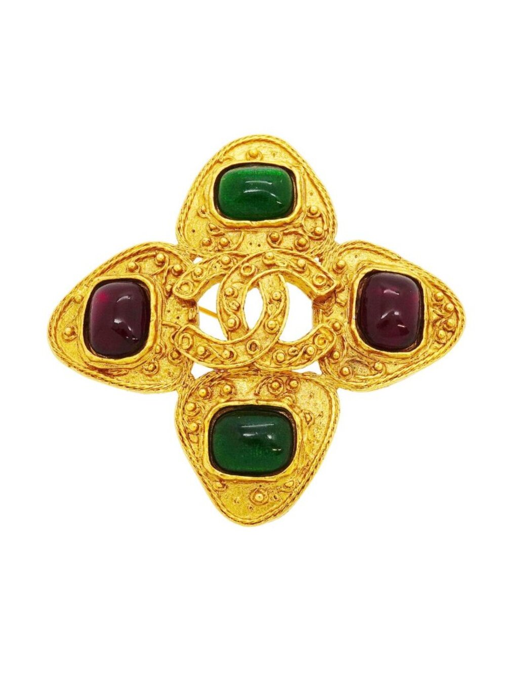 Chanel Brooch Vintage CC Logo Gold Plated Gripoix Green Red
